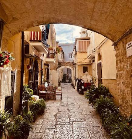 Vicolo pittoresco di Bari Vecchia con archi in pietra e piante